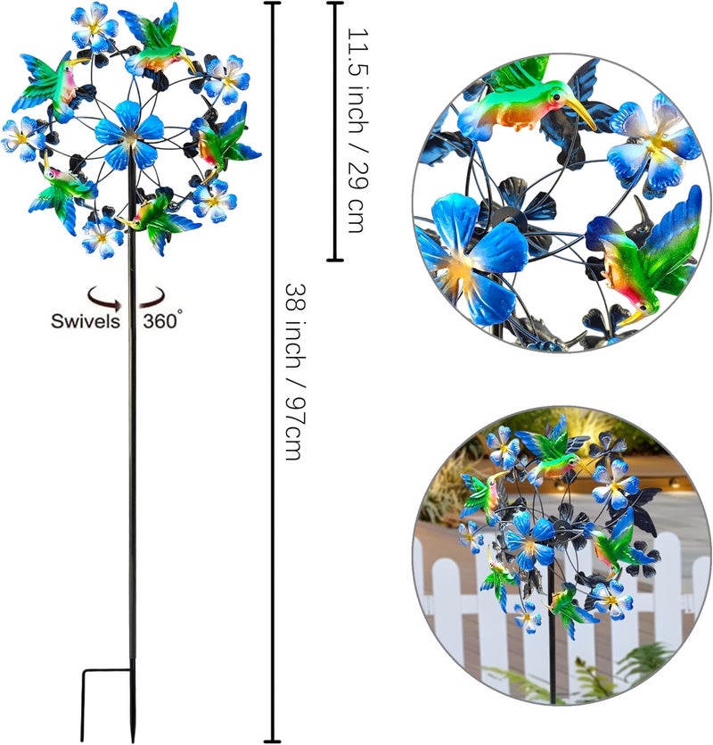 Senflame Double Blade Hummingbird Swivel Wind Spinners, Outdoor Garden Spinners 38inch Garden Stakes Decor, Metal Pinwheels for Yard and Lawn - Image 2